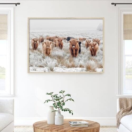 Highland Cow Herd Wall Art Animal Canvas Paintings Winter Farmhouse Digital Posters Natural Scenery Prints Decor for Bedroom
