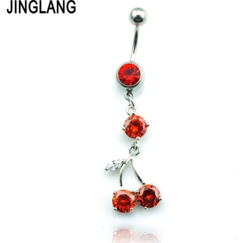 JINGLANG New Navel Rings 316L Stainless Steel Barbell Dangle Red Rhinestone Fruit Belly Piercing Hypoallergenic Jewelry