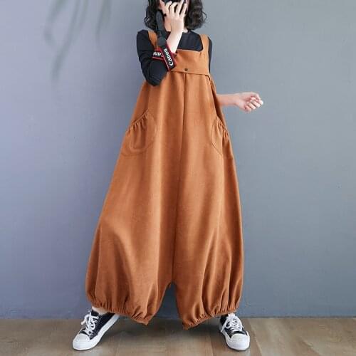 Streetwear Wide Leg Corduroy Overalls Women Baggy Suspenders Bib Cowboy Pants Low Drop Crotch Casual Pocket Jumpsuits Rompers