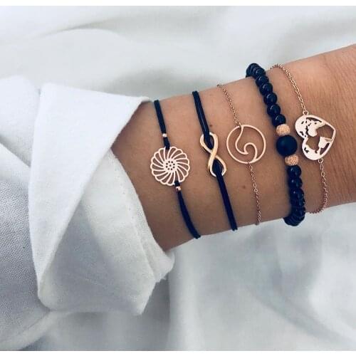 2021 Heart Map Geometric Charm Bracelets Set Boho Black Stone Bangles for Woman Fashion Jewelry Drop Shipping