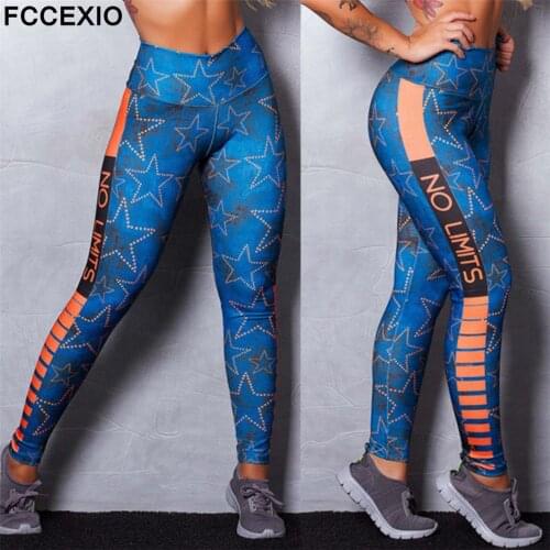 FCCEXIO Hollow Star Pattern Print Fitness Sportswear Elastic Force Leggings Vintage Blue High Waist Breathable Polyester Legging