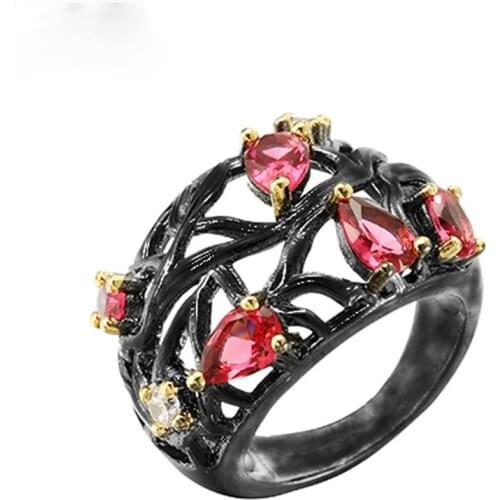 Megin D Black Gold Plated Love Heart Stone Crystal Red Zircon Hollow Branch Rings for Women Couple Friends Gift Wedding Jewelry