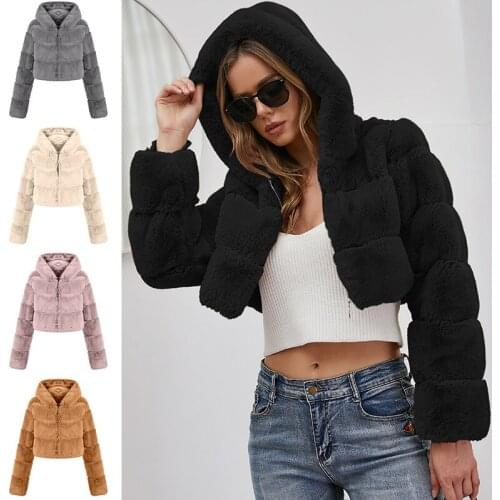 Fashion Women Faux Fur Short Coat Fake Mink Fur Hood Jackets High Quality Solid Color Lined Warm Soft Plush Overcoat Streetwear