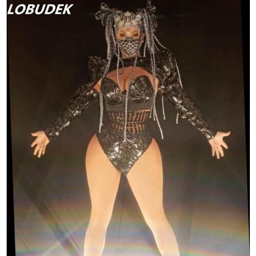 Nightclub Bar Sexy Stage Wear Black Laser Reflective Mirrors Sequins Shawl Bra Shorts Outfit Party Rave Dancer Singer Costume