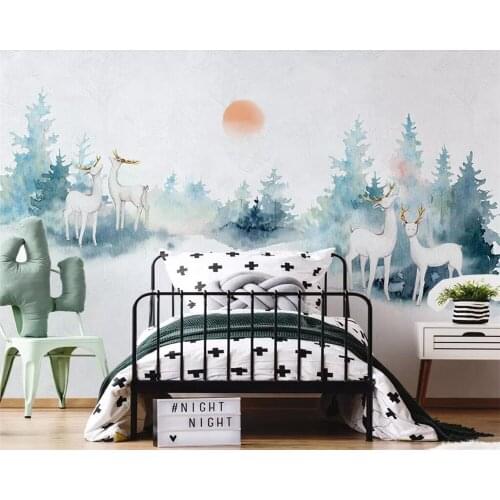 Beibehang Custom wallpaper Mediterranean hand painted watercolor white deer wood TV background walls Decorative 3d wallpaper