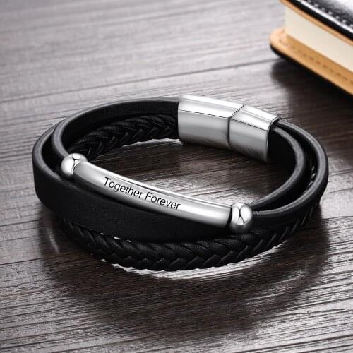 Personalized Men Bracelet Handmade Braided Leather Black Stainless Steel ID Tag Adjustable Wristband Jewelry Gifts for Men