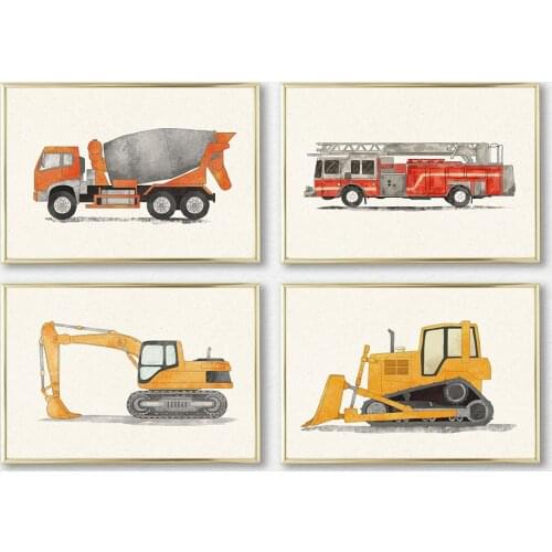 Construction Vehicle Child Poster Wall Art Canvas Fire Truck Bulldozer Print Nursery Painting Nordic Boy Bedroom Decor Pictures