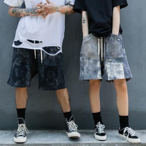 Street Hip Hop Tie Dye Distressed Casual Cotton Shorts Men Loose Knee Length Drawstring Pants Fashion Couple Short Sweatpants