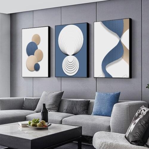 Nordic Canvas Painting Poster Abstract Geometric Patterns White Blue and Yellow Circles Shells Lines for Home Rooms Wall Deco