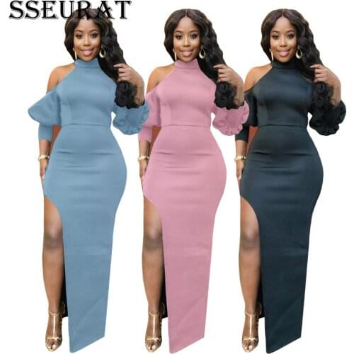 SSEURAT Women Off Shoulder Lantern Sleeve High Slit Bodycon Midi Maxi Dress Sexy Night Party Pencil Long Dresses