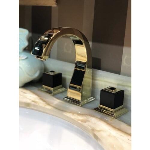 TI-PVD GOLD 8" Widespread Ceramic Valve Three Holes 3 Pcs lavatory Bathroom Sink Faucet Mixer tap square design black handles
