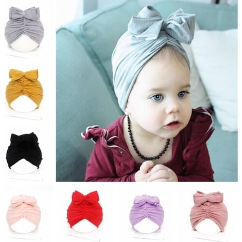 Yundfly New Toddler Girls Odell Wrinkle Bowknot Beanie Baby Soft Knotted Bows Hat Children Turban Hair Accessories