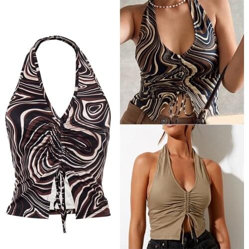 Womens Blouse Floral Printing Halterneck Halter Sleeveless for Summer A66