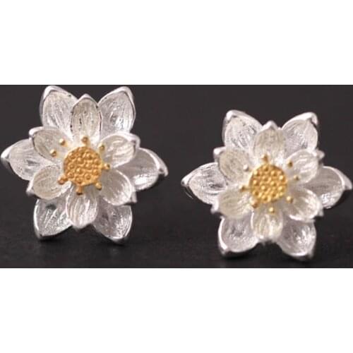 100% 925 Sterling Silver Golden Lotus Flower Stud Earrings For Women Everyday wear Exquisite Fine jewelry gifts