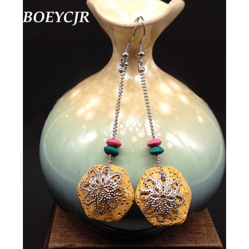 Vintage Lava Stone Long Tassel Earrings Handmade Fashion Jewelry Natural Stone Flower Dangle Earrings for Women Arete Oorbel