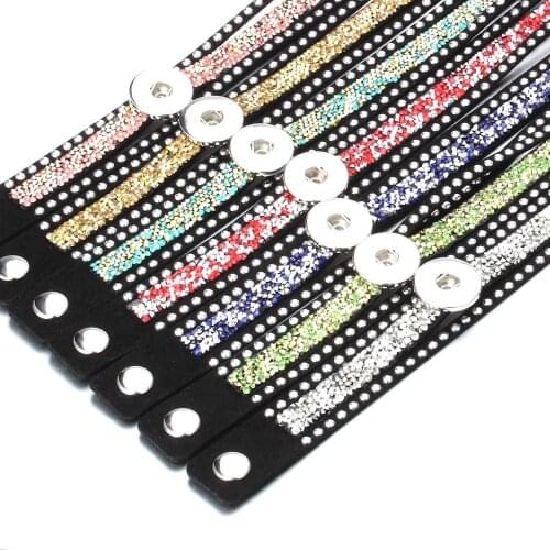 New Snap Button Bracelet Crystal Rhinestones Velvet Leather Bracelet 18mm Snap Button Jewelry Charm Bangle for Women Gift 39cm
