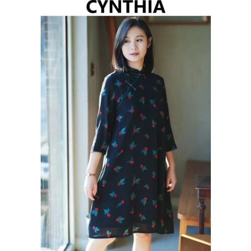 CYNTHIA Chinese-style 2020 Womens New Spring Silk Dresses Vintage Mandarin Collar A-line Customized Raspberry Collection Summer