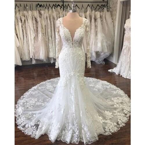 Vestido De Noiva Mermaid Wedding Dress 2021 Long Sleeve Lace Sheer Scoop Neck Backless Sexy Bridal Dress Robe De Mariee