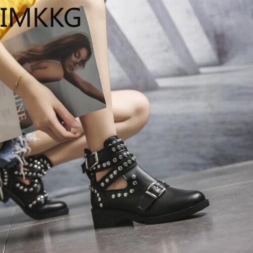 Winter Womens Fashion Rivet Ankle Boots Woman Leather Buckle Strap Chunky Heels Punk cowboy boots