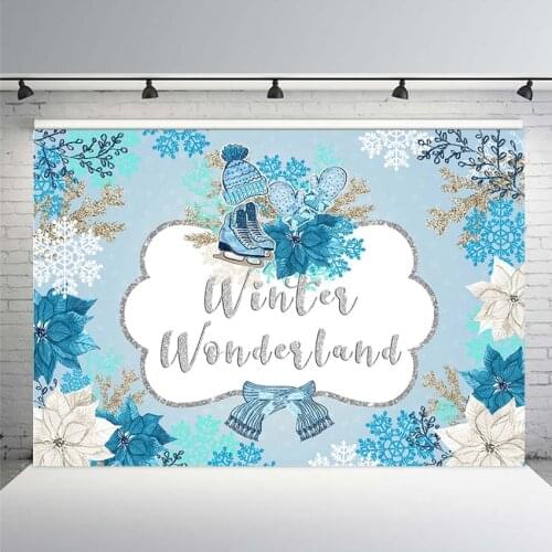Winter Wonderland Birthday Party Backdrop Blue Flowers Snowflake Skate Shoes Skating Background Baby Shower Photo Studio