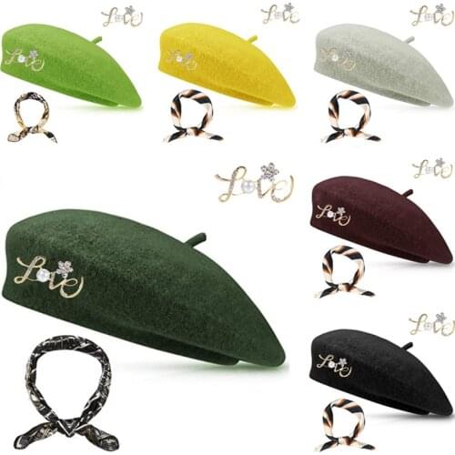 Beret Hat Women Bonnets Letter Brooch Style Woolen Cap Ladys Autumn And Winter Solid Color Beanie Warm Cap