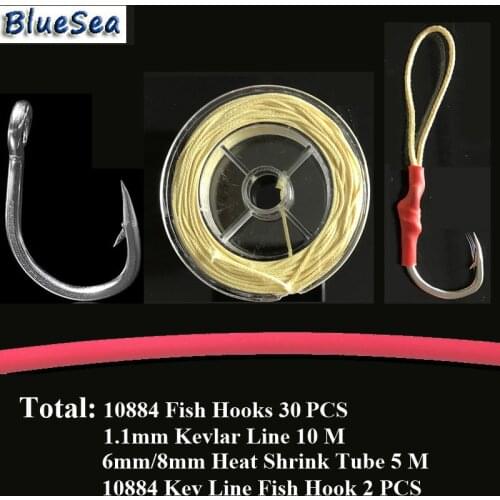 BlueSea 10884 30P Stainless Steel Jig Assist Fish Hook Jigging Assist Circle Bait Fish Hook Heat Shrink Tube Kevlar Fishing Line