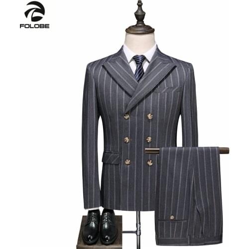 FOLOBE 2019 new high quality men suit double breasted gentleman striped formal party gray elegant three piece classic mens suit