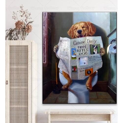 Funny Animal Smiling Dog Reading Newspaper Oil Painting On Canvas Wall Art Posters And Prints Picture For Bathroom Toilet Decora
