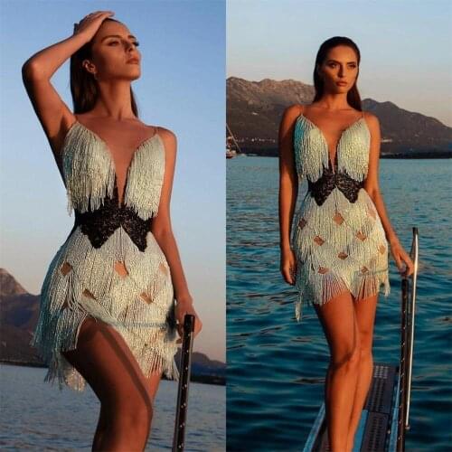 2021 Tassels Cocktail Dresses Spaghetti Straps Beading Short Prom Dress Party Celebrity Gowns Club Wear