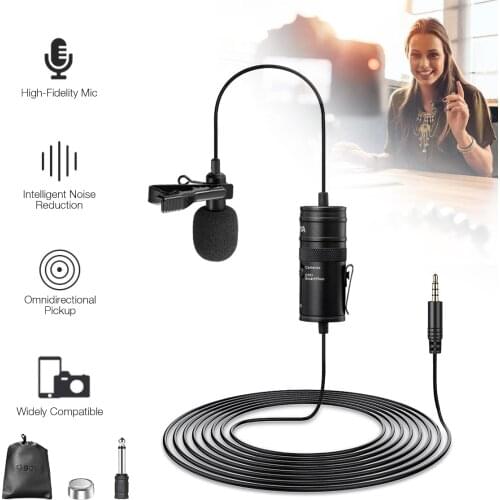 Condenser Microphone Clip-on Lavalier Mic 6m Long Cable 3.5mm Audio Jack Mini Microphones for Podcast Camcorder Smartphone