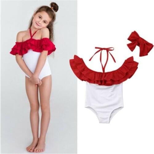 1-5T Girls Swimsuit Red Sling Girls Tops One Piece Swimsuits For Girls Bodysuit Headband Baby Girl Bathing Suit Kid Swimsuit Set