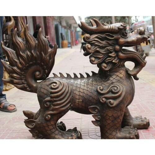 Wholesale factory 32" High Folk Chinese Bronze Copper Buddhist Temple Dragon Kylin Beast Statue 25% off