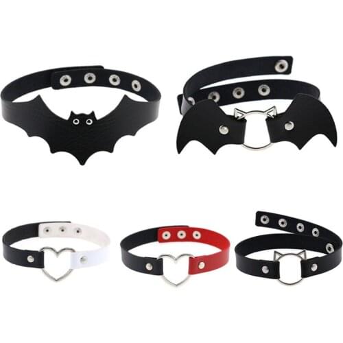 Punk Gothic Bat Leather Choker Necklace For Women Halloween Heart Collar Necklace Harajuku Cosplay Dark Streetwear Party Jewelry