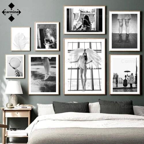 Paris Woman Feather Canvas Poster Wall Art Vintage Black and White Nordic Print Painting Wall Picture for Living Room Decoration