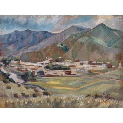 Scenery canvas prints landscape modern Chinese art giant poster watercolor picture a Village at foot of mountains by Han Leran
