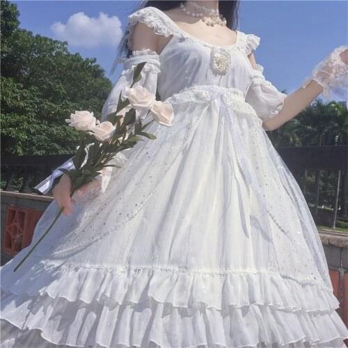 Lolita Jsk Fairy Pure Summer Light White Wedding Off Shoulder Suspender Dress Anime Victorian Cosplay Kawaii Cos Dress For Women