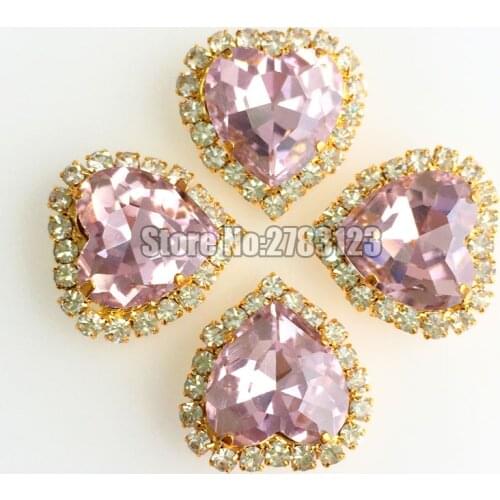 Pink 12mm 10pcs/20pcs heart shape gold base Crystal buckle, AAA Glass sew on rhinestones,diy/clothing accessories SKHJ10