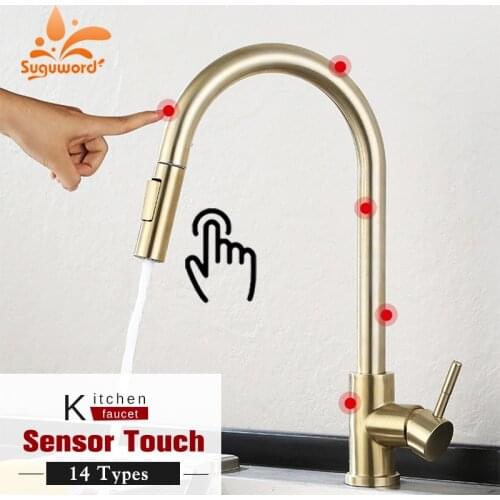 Suguword Sensor Kitchen Faucet Stainless Steel Pull Out Sprayer Deck Mount Touch Control Water Sink Taps Smart Kitchen Faucet