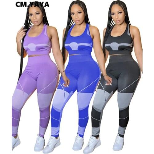 CM.YAYA Women Yoga Sets Patchwork Sleeveless Crop Vest High Waist Skinny Elastic Full Length Pants 2 Piece Set Sportswear Summer