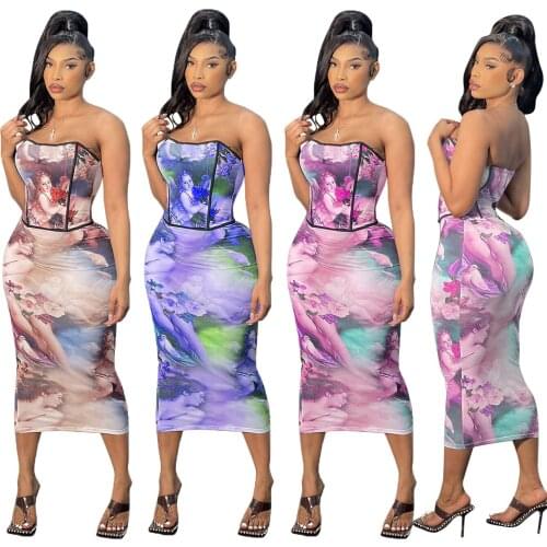 Zoctuo Print Midi Skirt Set Strapless Summer 2021 Top And Skirt Set Bodycon Backless Women Two Piece Crop Top And Skirt Set