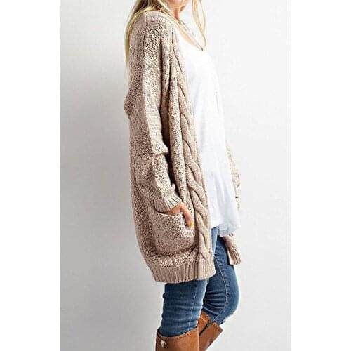 2021 autumn and winter new product mid-length plus size solid color pocket sweater ladies twist knit cardigan