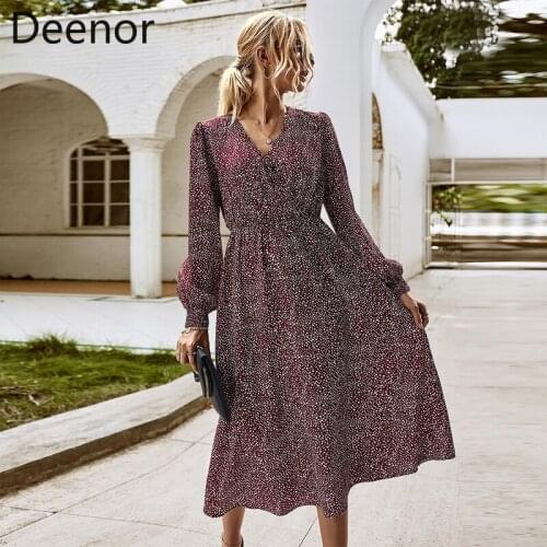 Deenor Casual Lantern Sleeve Dress Women Vintage V-neck Polka Dot Print High Waist Long Dress Spring Autumn Ruffles Dresses Robe