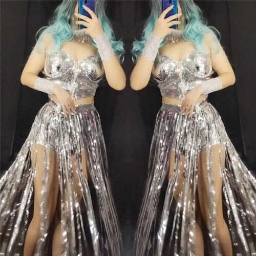 X73 Silver mirror stage wears tassel dress women performance catwalk show skirt bar singer silver outfit dance costume party dj