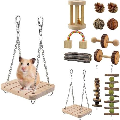 12x Hamster Chew Toys,Wooden Guinea Pigs Rats Chinchillas Toy Dumbells Exercise Bell Roller Teeth Care Molar Toy Rabbits Gerbils