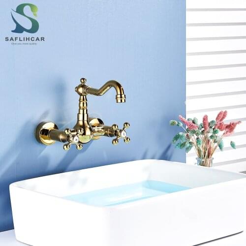 Saflihcar Golden Bathroom Basin Faucet Wall Mounted Washing Basin Mixer Water Taps Dual Hole Dual Handel Hot Cold Water Mixers