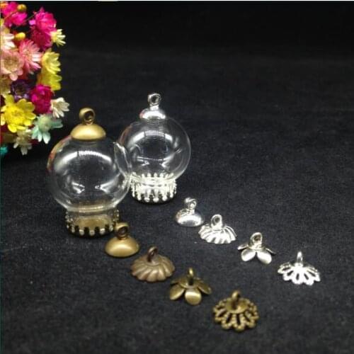500sets/lot 20*12mm wholesale glass vial pendant with crown base 8mm cap glass cover globe bubble wishing bottle necklace gifts