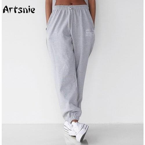 Artsnie Streetwear Letter Embroidery Harem Pants Women Drawstring High Waist Gray Knit Trousers Loose Long Pants Sweatpants