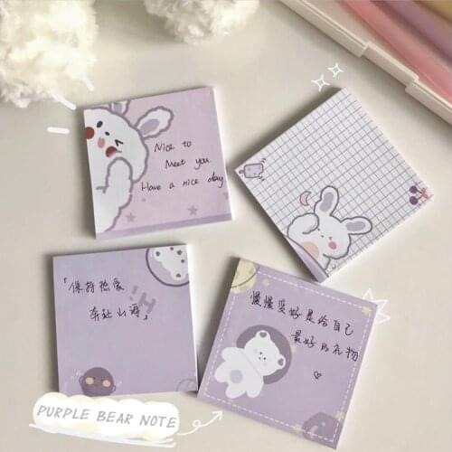 Korean Ins Kawaii Rabbit Bear Purple Memo Pad 50 Sheets Cartoon Cute Small Notebook Student Notes Paper office School Stationery