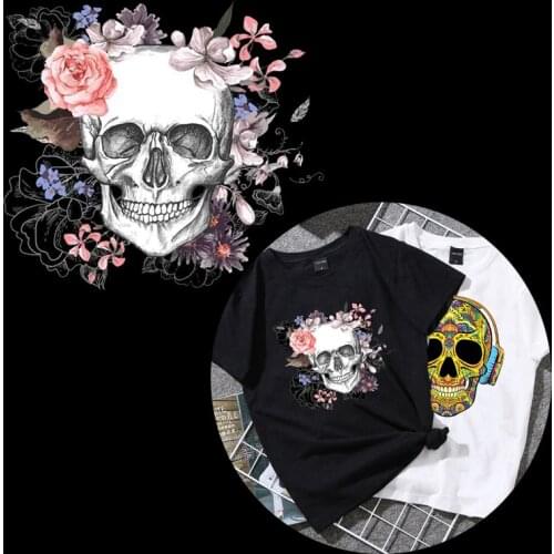 Skull Rose Skeleton Sticker DIY Iron-On Heat Transfers Clothes Patches Thermal Transfer Patches For Clothing Pyrograph decor