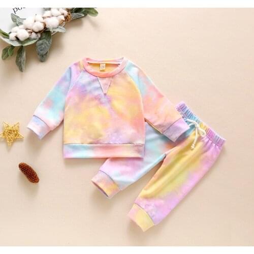 Kid Tie-dye Suit Cotton Clothes Sets Long Sleeves Hoodies + Trousers Drawstring Elastic Waist Classic Round Neck Casual Outfits